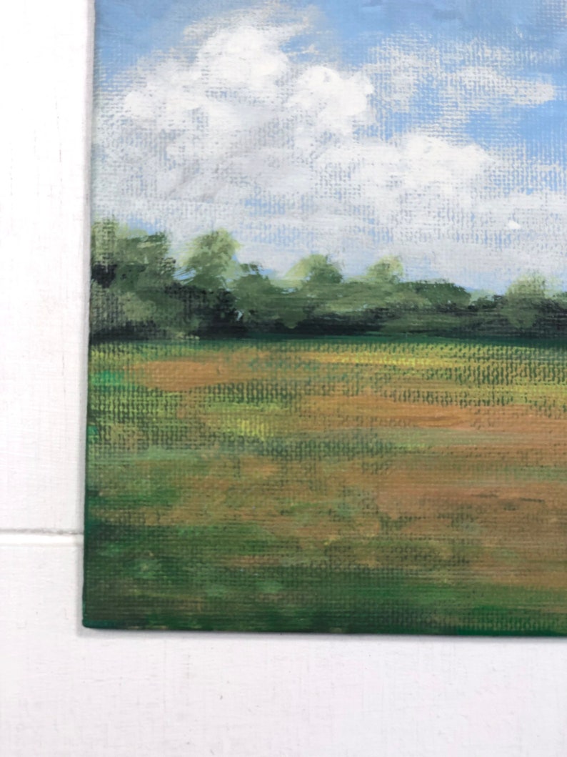 May include: A painting depicting a landscape with a field of green grass and a blue sky with white clouds. The trees in the background are a dark green.