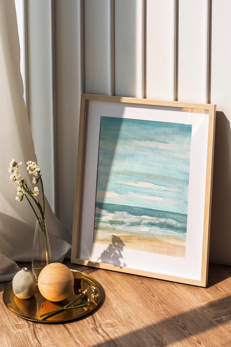 Beach watercolor scene, tiny landscape art, small watercolor painting image 1