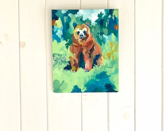 抽象的な茶色のクマの原画：ウッディグリーン＆ブルー - Etsy 日本