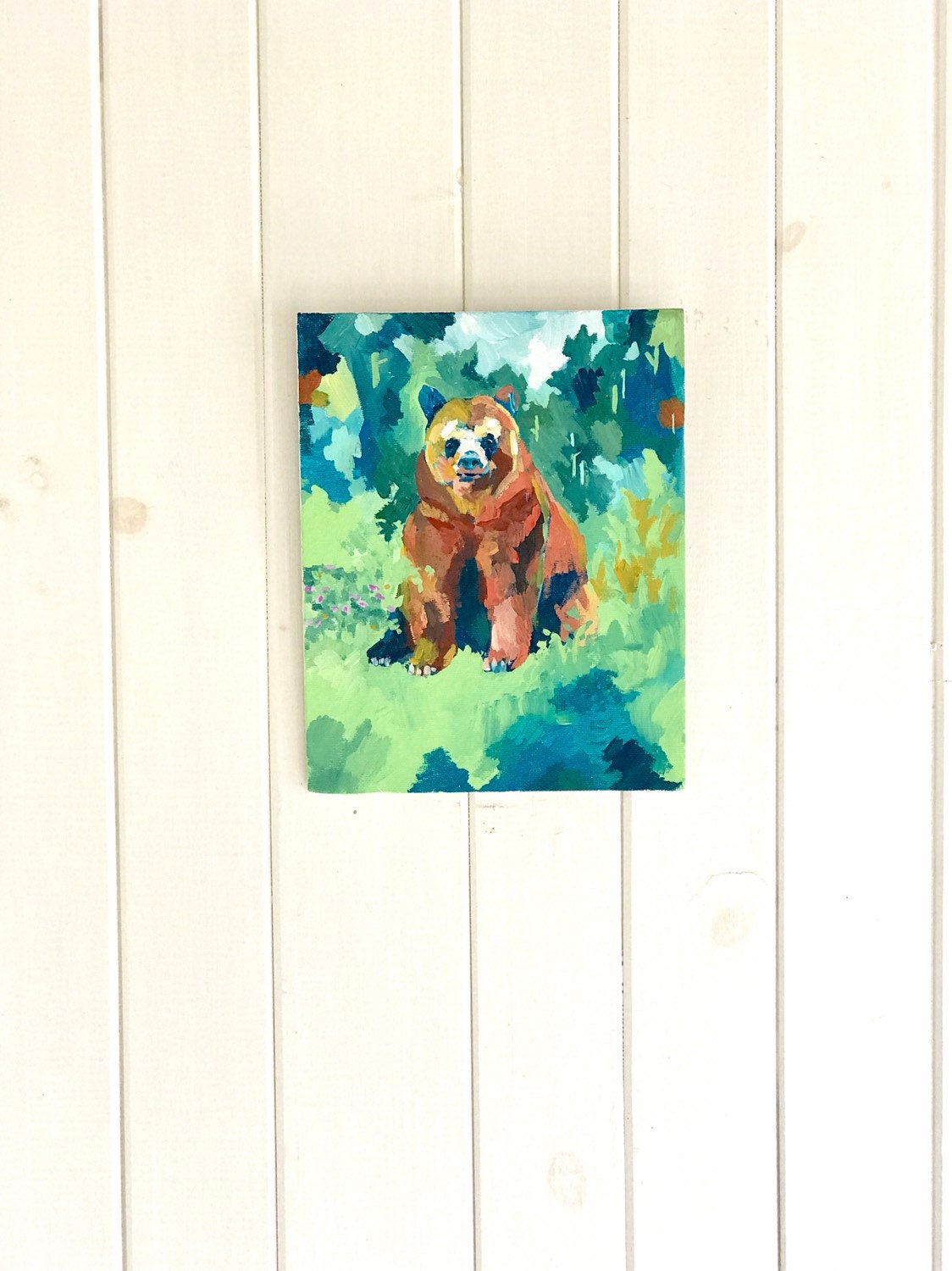 抽象的な茶色のクマの原画：ウッディグリーン＆ブルー - Etsy 日本