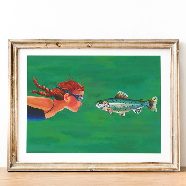 Illustration of Girl Swimming underwater, Little girl in goggles meets a fish underwater, Giclée fine art print