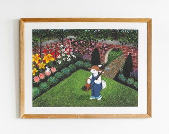 Runaway bunny fine art print Mother bunny gardener Baby bunny in flower book themed nursery artwork painting good night moon gift