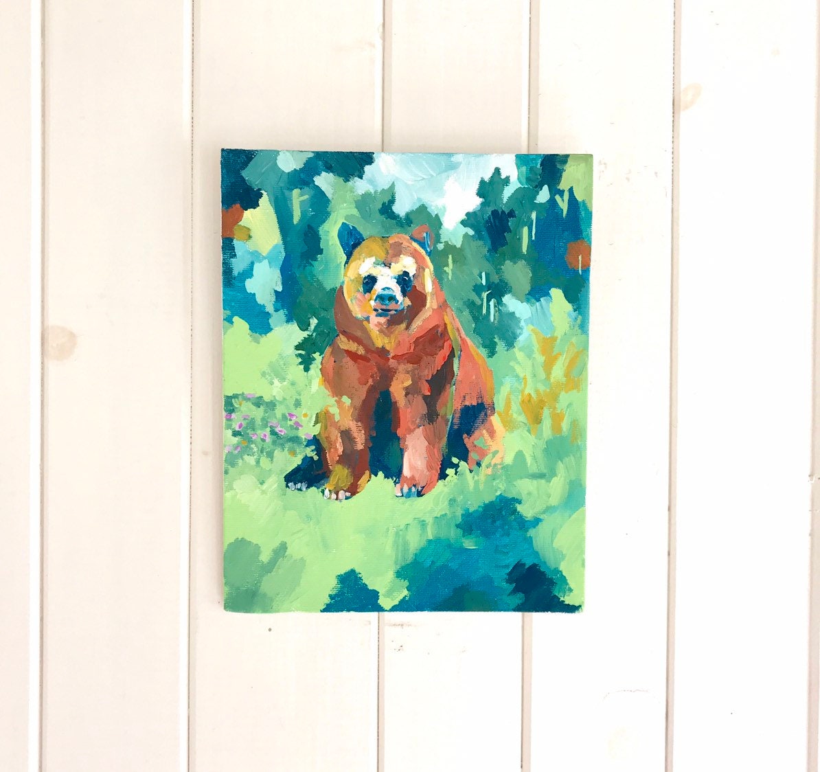 k*i様 「 中和の色が芽吹くとき 」｜絵画 原画 抽象画 絵 動物画 ドローイ 抽象的な茶色のクマの原画：ウッディグリーン＆ブルー - Etsy 日本