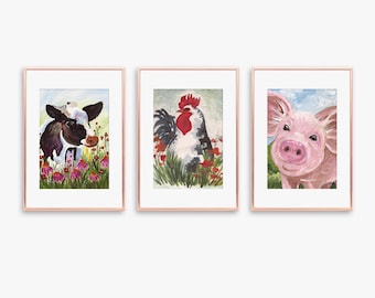 Farm Animal Nursery Art Prints: Whimsical Set of 3
