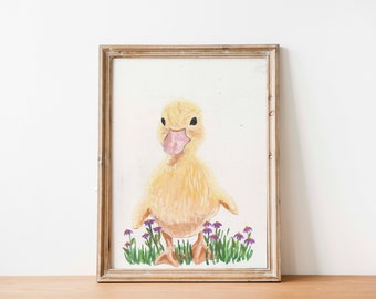 Baby duckling fine art print Little yellow duck purple flowers cozy farmhouse fuzzy duckling nursery art