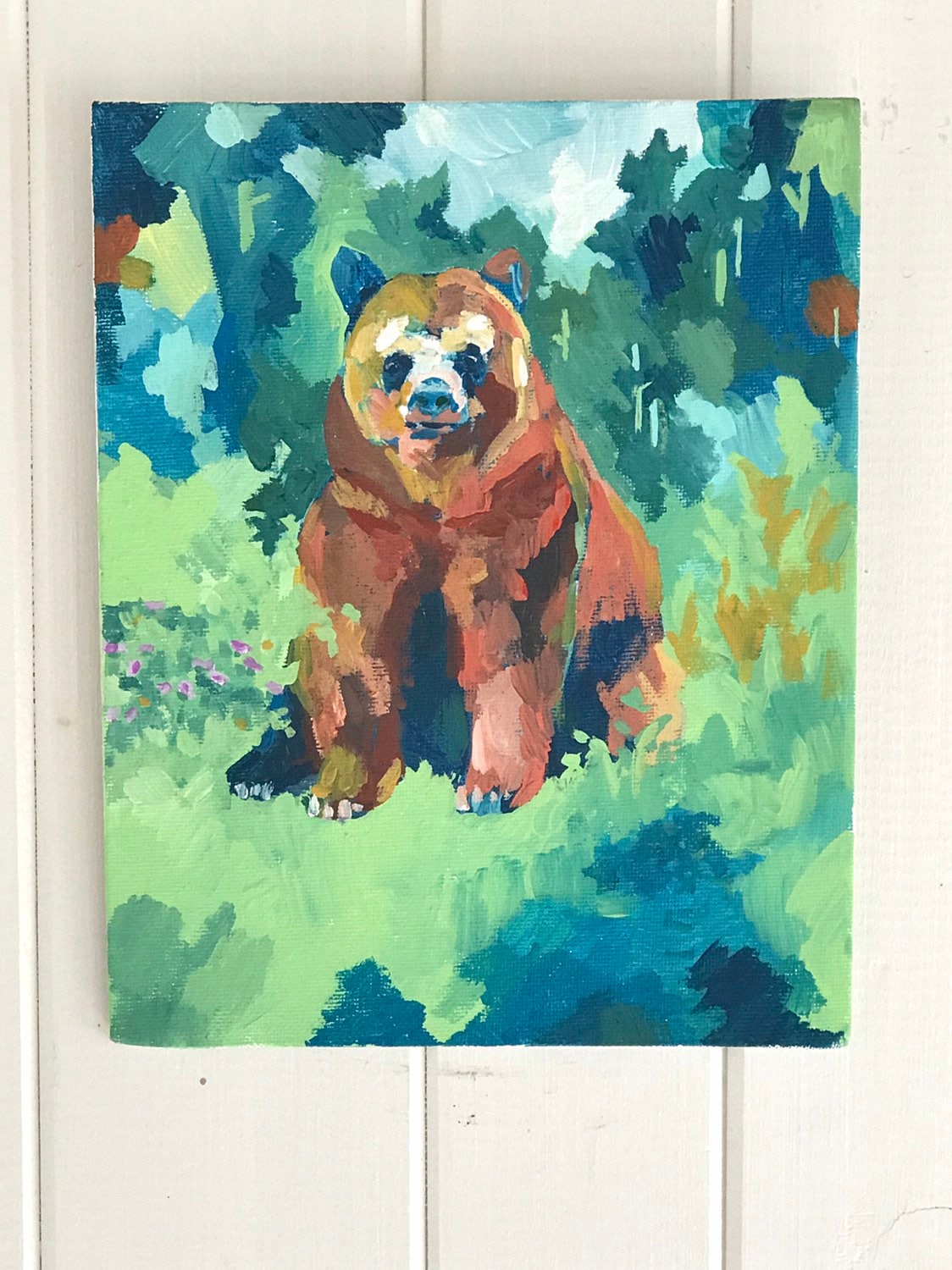 抽象的な茶色のクマの原画：ウッディグリーン＆ブルー - Etsy 日本
