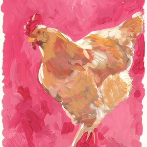 Puede incluir: Una pintura de una gallina marr&oacute;n con una cresta roja de pie sobre un fondo rosa.