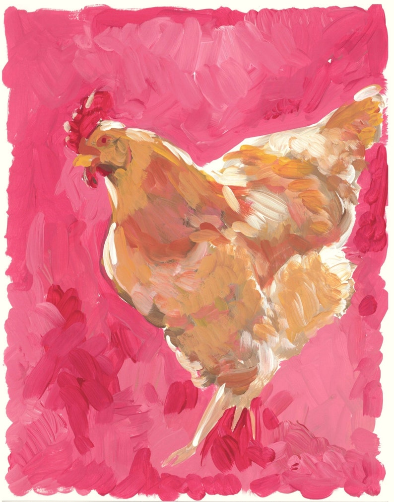 Puede incluir: Una pintura de una gallina marr&oacute;n con una cresta roja de pie sobre un fondo rosa.