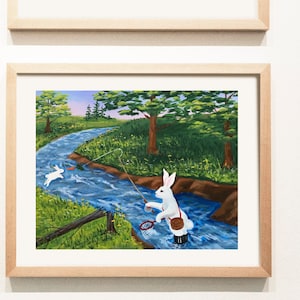 Runaway bunny art print, Mother bunny fishing for baby bunny, book themed nursery artwork, painting in good night moon