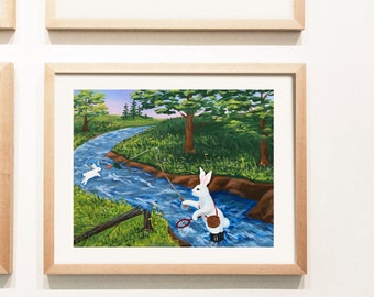 Runaway bunny art print, Mother bunny fishing for baby bunny, book themed nursery artwork, painting in good night moon