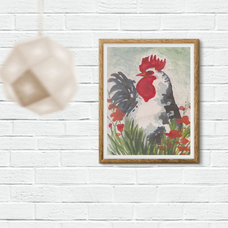 Blue grey rooster art print Fun abstract watercolor rooster painting European farmhouse decor image 5