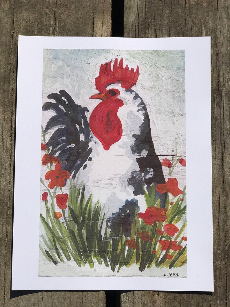 Blue grey rooster art print Fun abstract watercolor rooster painting European farmhouse decor image 7