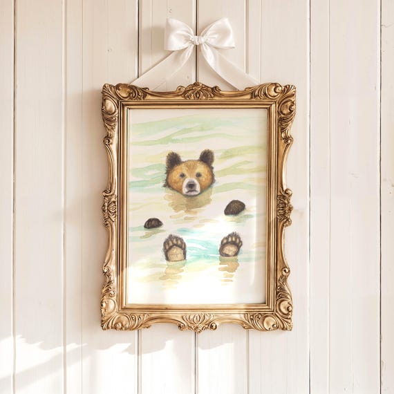 Watercolor Teddy Bear Art Print: Funny Grizzly Bear Nursery Decor
