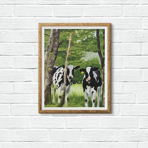 Boho farmhouse cow art print, Black and white cow farmhouse decor, Quirky cow animal art painting