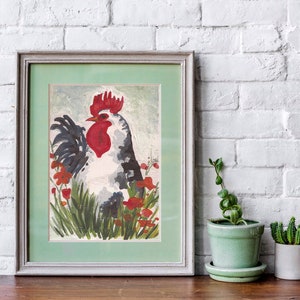 Blue grey rooster art print Fun abstract watercolor rooster painting European farmhouse decor image 2