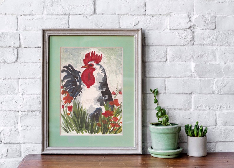 Blue grey rooster art print Fun abstract watercolor rooster painting European farmhouse decor image 2