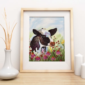 Holstein cow print with flowers whimsical farmhouse decor cow nursery wall art