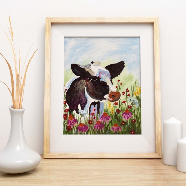 Estampado de vaca Holstein con flores, decoración caprichosa de granja, arte de pared para guardería de vacas