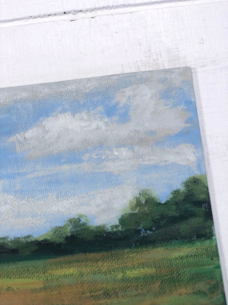 May include: A painting depicting a landscape with a field of green grass, a line of trees in the background, and a blue sky with white clouds.