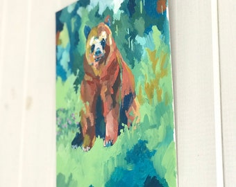 抽象的な茶色のクマの原画：ウッディグリーン＆ブルー - Etsy 日本
