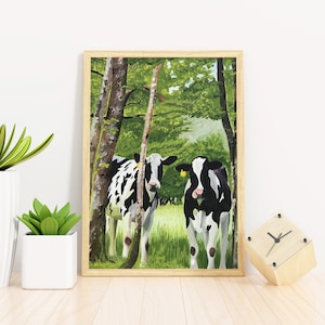European farmhouse cow fine art print Black and white cow farmhouse decor Boho cow animal art painting