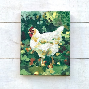 Abstract Chicken Painting: Cream Hen on Wood Board