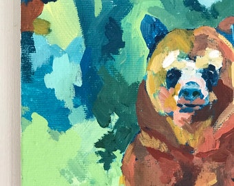 抽象的な茶色のクマの原画：ウッディグリーン＆ブルー - Etsy 日本