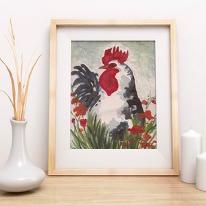 Blue grey rooster art print Fun abstract watercolor rooster painting European farmhouse decor image 1