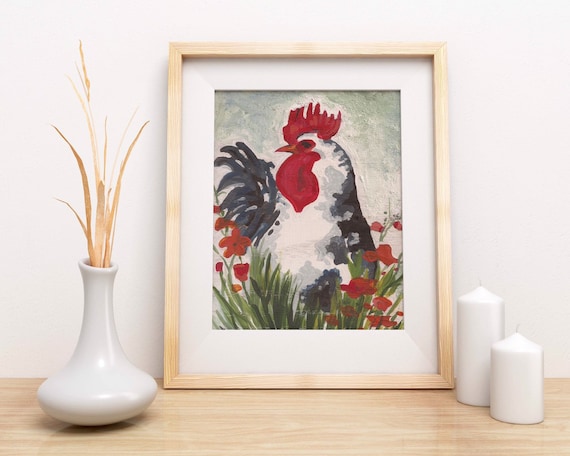 Blue grey rooster art print Fun abstract watercolor rooster painting European farmhouse decor