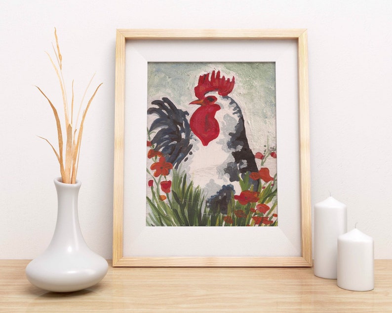 Blue grey rooster art print Fun abstract watercolor rooster painting European farmhouse decor image 1