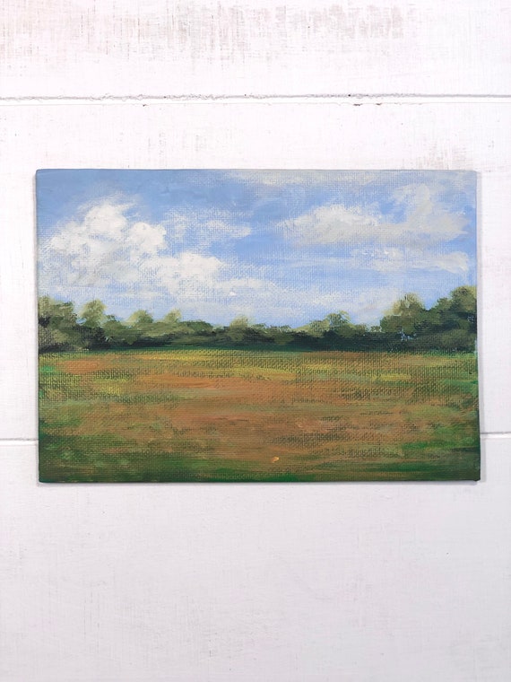 Country field original painting on canvas board, tranquil landscape art, 5 x 7