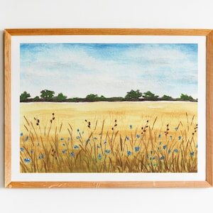 Blue wildflower field watercolor art print, straw with wildflowers, farmhouse wall art