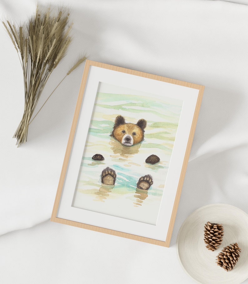 May include: A watercolor painting of a brown bear swimming in a blue and green body of water. The bear's head is above the water and its paws are visible below the surface.