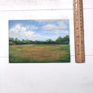 May include: A small painting depicting a landscape with a blue sky, white clouds, green trees, and a brown field.