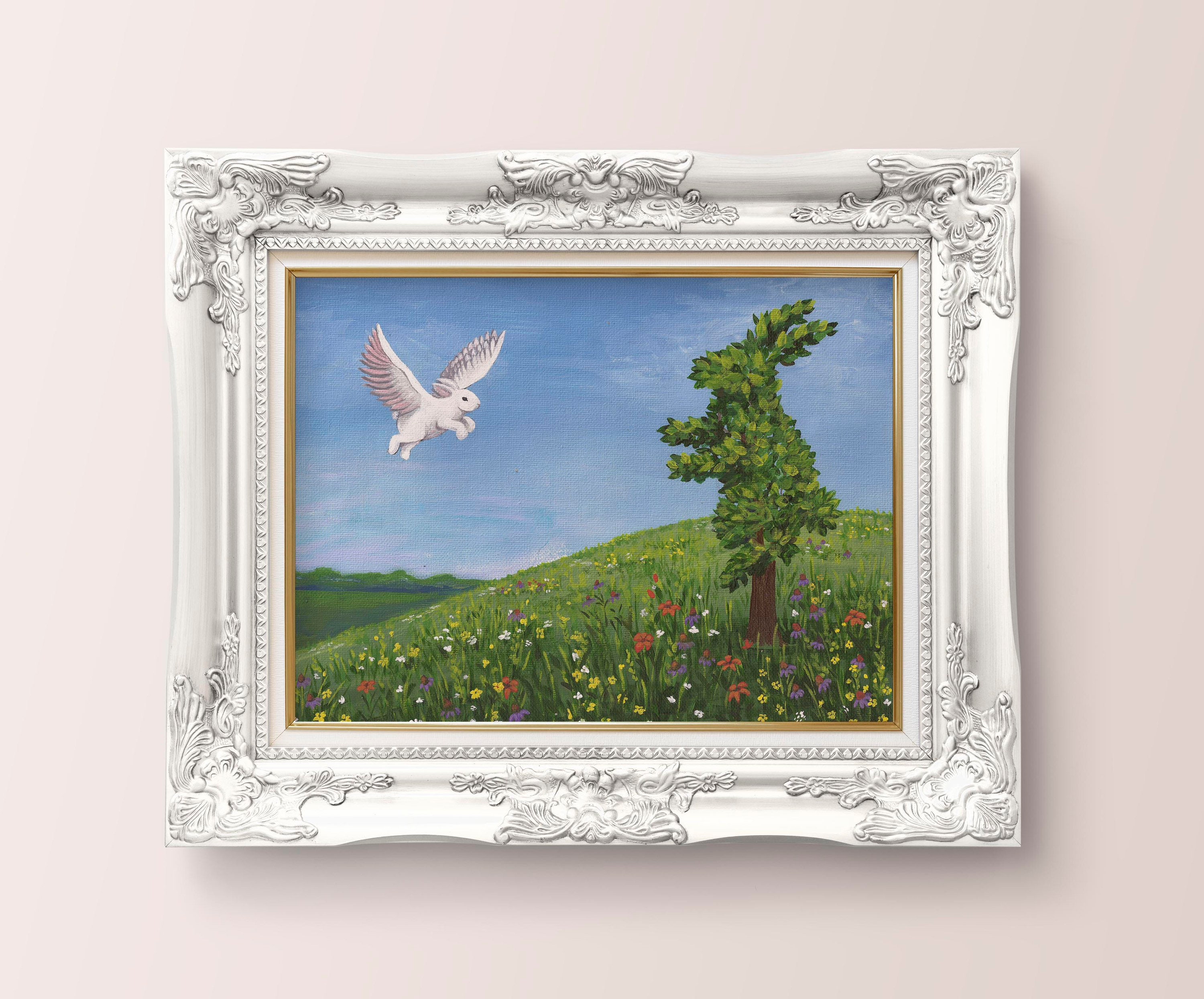 Runaway bunny fine art print Mother bunny as a tree Baby bunny flying book themed nursery artwork painting in good night moon