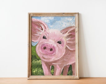 Pink Pig fine art print Farmhouse nursery wall art Modern farmhouse painting cottagecore