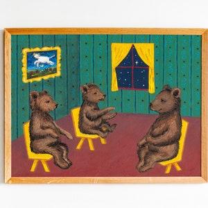 Goodnight Moon set of art prints, Three little bears sitting in chairs, Cow jumping over the moon, Runaway bunny book themed nursery art