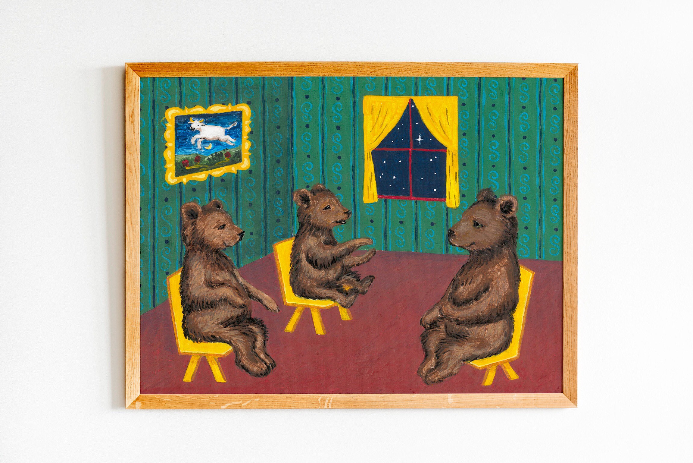 Goodnight Moon set of art prints, Three little bears sitting in chairs, Cow jumping over the moon, Runaway bunny book themed nursery art