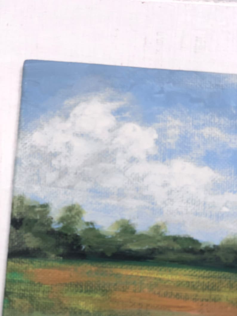 May include: A painting depicting a landscape with a field of green grass and a blue sky with white clouds. The field is in the foreground and the sky is in the background. There are trees in the middle ground.