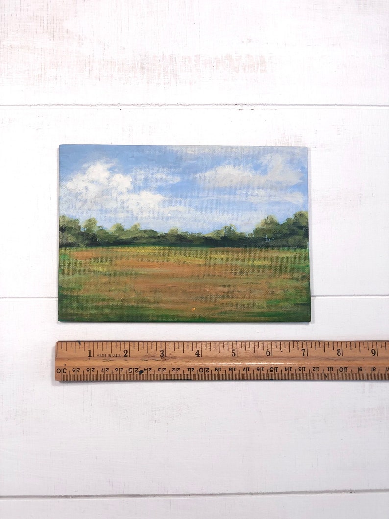 May include: A small painting depicting a landscape with a field of green grass, a brown dirt road, and a blue sky with white clouds.