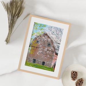 Impression d&#39;art de la grange, décoration de ferme, peinture folklorique, paysage de grange rustique rose foncé, décoration de ferme