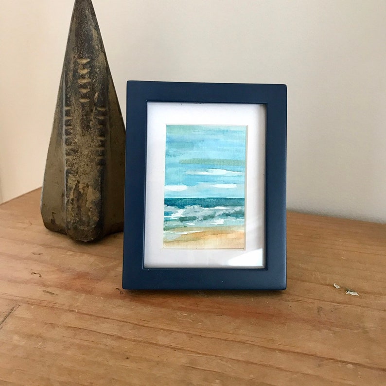 Beach watercolor scene, tiny landscape art, small watercolor painting image 2