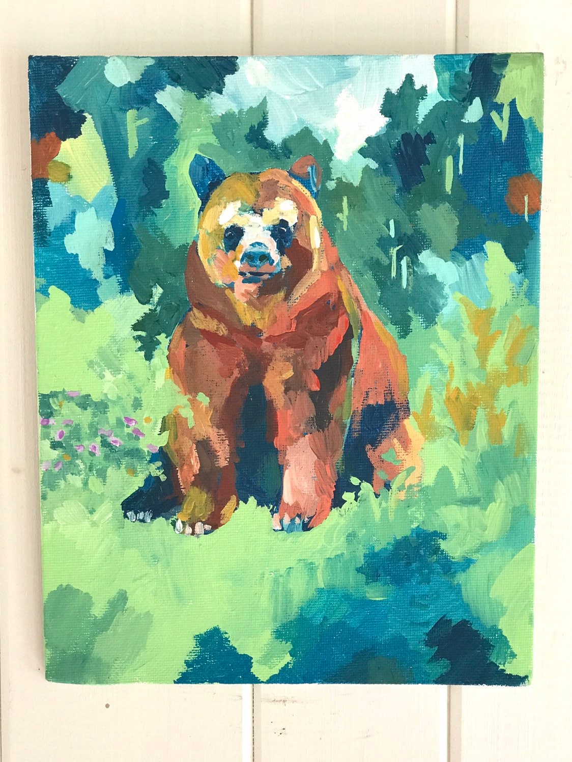 抽象的な茶色のクマの原画：ウッディグリーン＆ブルー - Etsy 日本