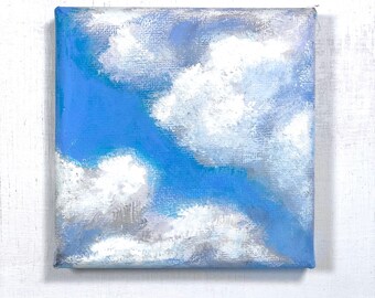 Cloudy Sky Acrylic Painting: Fluffy Clouds on 4x4 Canvas