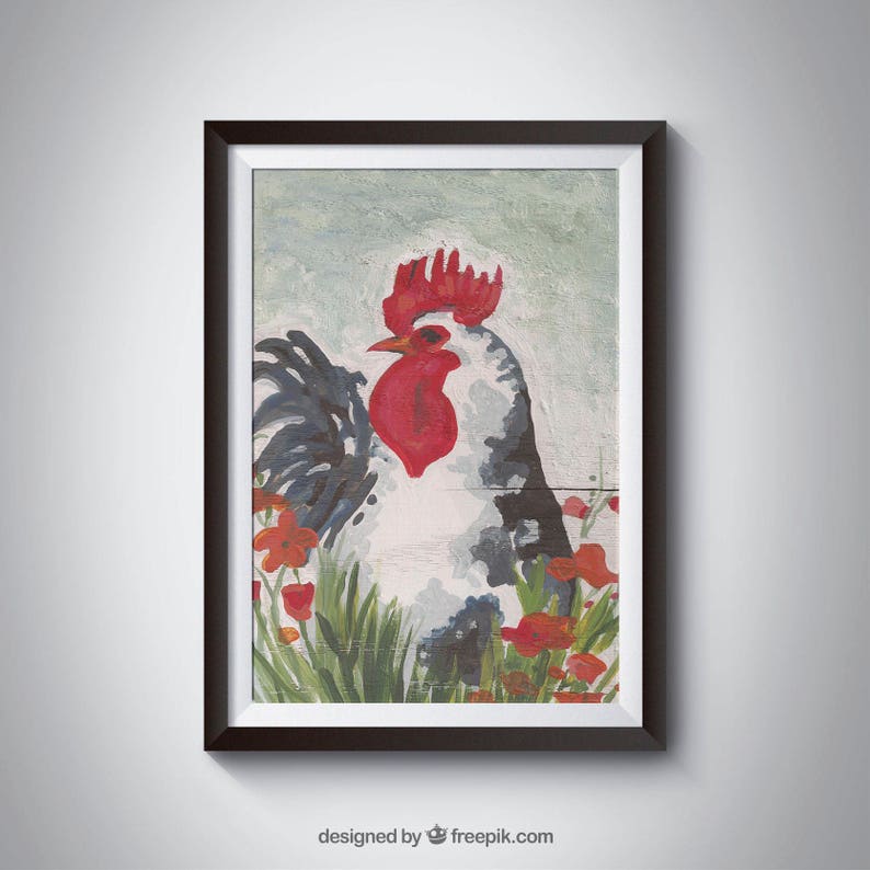Blue grey rooster art print Fun abstract watercolor rooster painting European farmhouse decor image 4