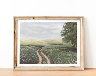 Country lane landscape art print Soft neutral painting abstract farmhouse wall art  french country decor