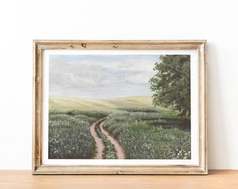 Country lane landscape art print Soft neutral painting abstract farmhouse wall art  french country decor