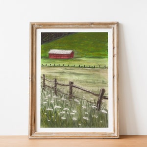 Red barn watercolor art print Barn with wildflowers wall art farmhouse decor
