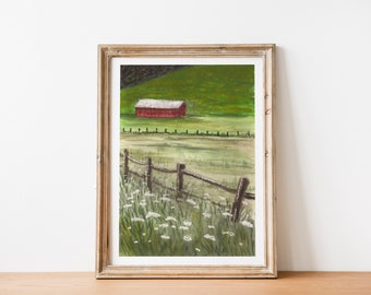 Red Barn Watercolor Print: Wildflower Field, Farmhouse Wall Art