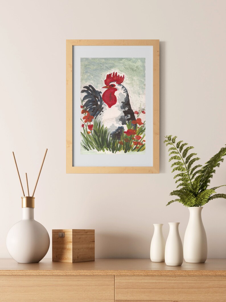 Blue grey rooster art print Fun abstract watercolor rooster painting European farmhouse decor image 3